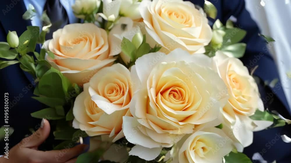 A bouquet of white roses is being held by a person. The roses are arranged in a vase and are placed in a room A bouquet of white roses is being held by a person. The roses are arranged in a vase and are placed in a room