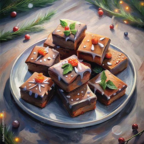 Seasonal chocolate squares with white glaze and holly decor