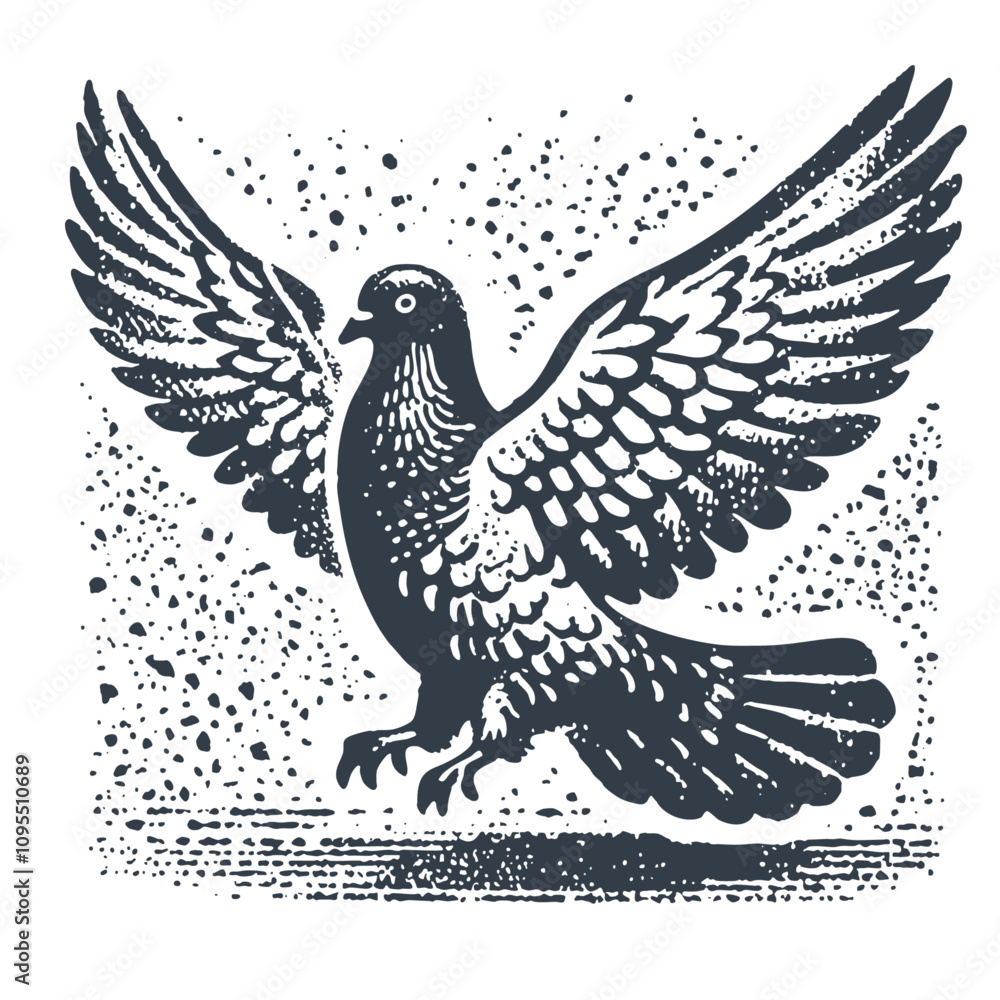 Fototapeta premium Dove Spreading Wings. Rough wood block print style vector Illustration.