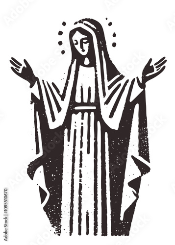 Abstract Illustration of Holy Mary Rising Hands. Rough wood block print style vector Illustration.