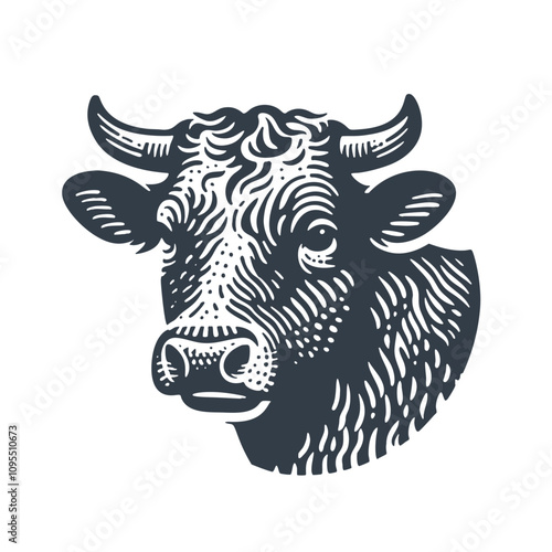 Cow Head. Vintage Wood Block Print Style Vector Illustration photo