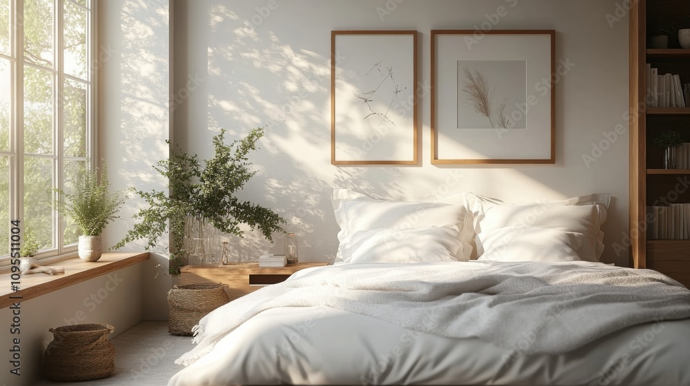 Bright airy bedroom with white bedding, large windows, wooden accents, natural light, potted plants, minimal decor, peaceful atmosphere, relaxing retreat, modern home Bright airy bedroom with white bedding, large windows, wooden accents, natural light, potted plants, minimal decor, peaceful atmosphere, relaxing retreat, modern home