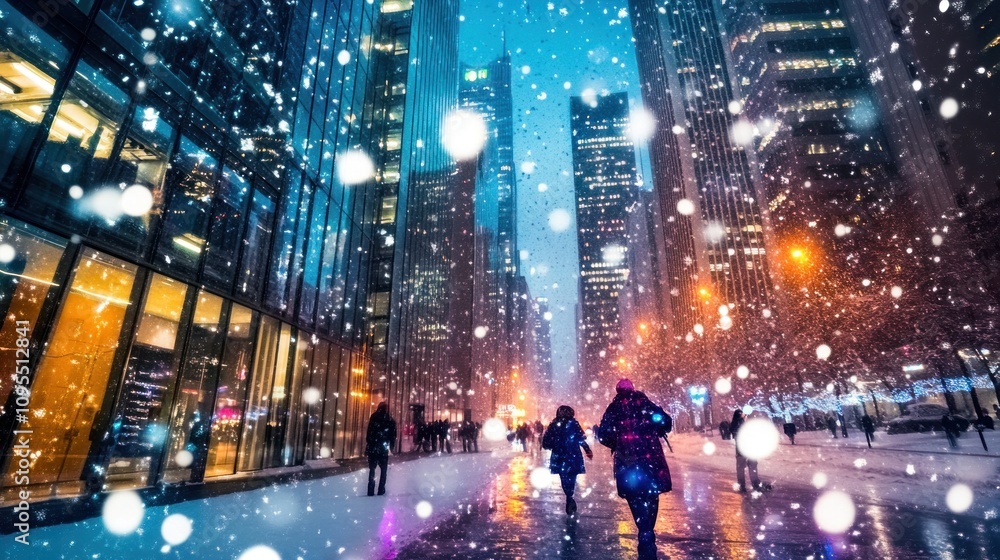 Obraz premium A snowy urban scene with people walking amidst tall buildings and falling snowflakes.