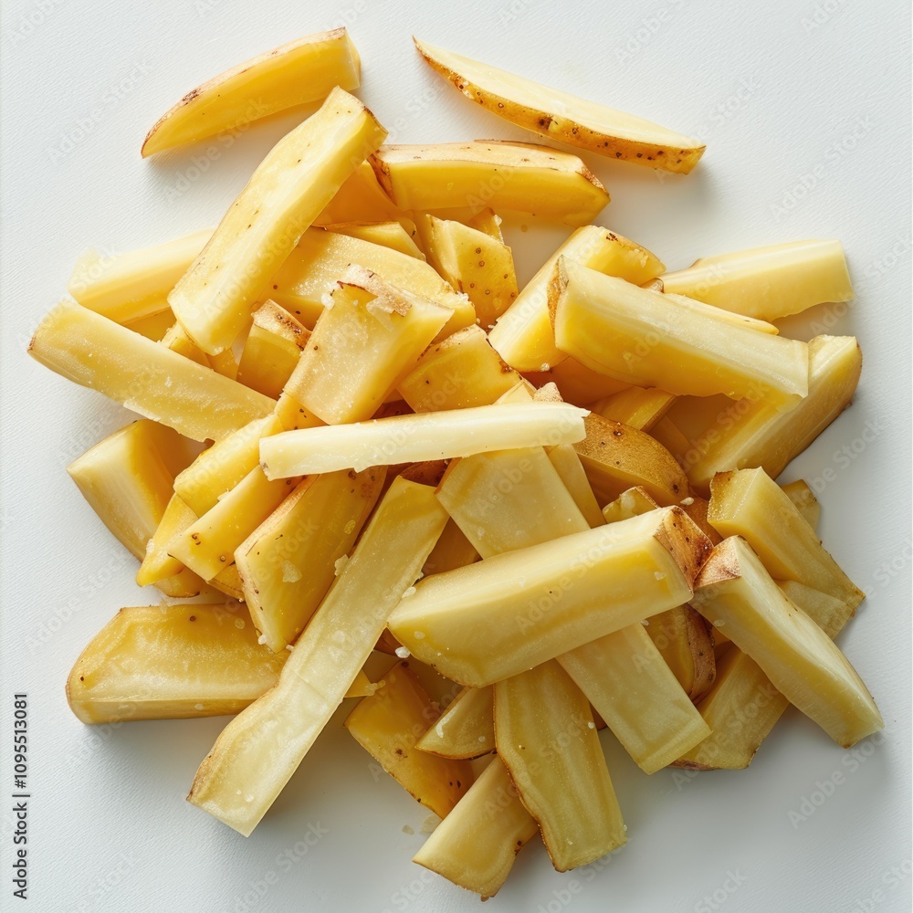 Raw potato strips isolated for French fries.