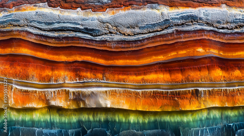 Naklejka premium Vibrant texture of rock minerals in diverse forms, shapes, and colors arranged in intricate geological layers, showcasing the beauty of natural patterns and the dynamic complexity of Earth's formation
