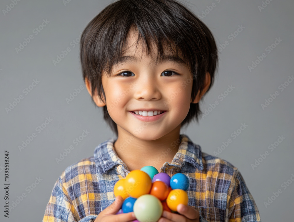 Smiling young boy holding colorful toys, happy childhood expression, cheerful child with playful multicolored balls, indoor portrait, bright eyes, playful personality, joyful face Smiling young boy holding colorful toys, happy childhood expression, cheerful child with playful multicolored balls, indoor portrait, bright eyes, playful personality, joyful face