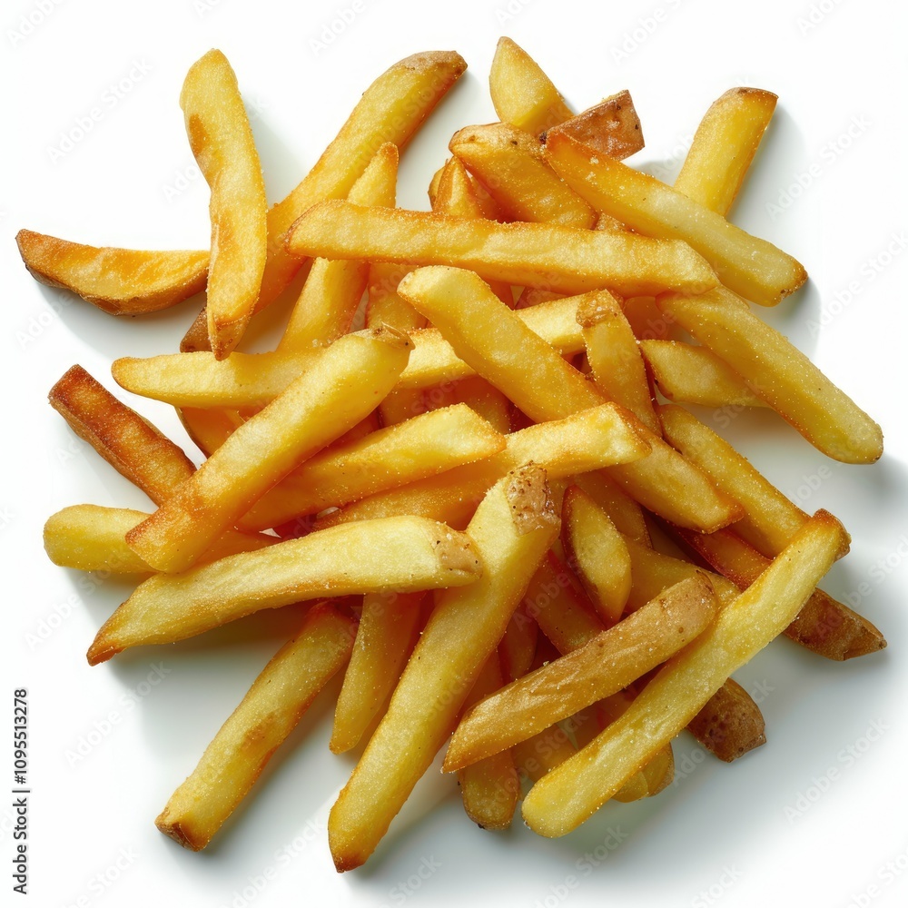 Top view of French fries isolated on white background.