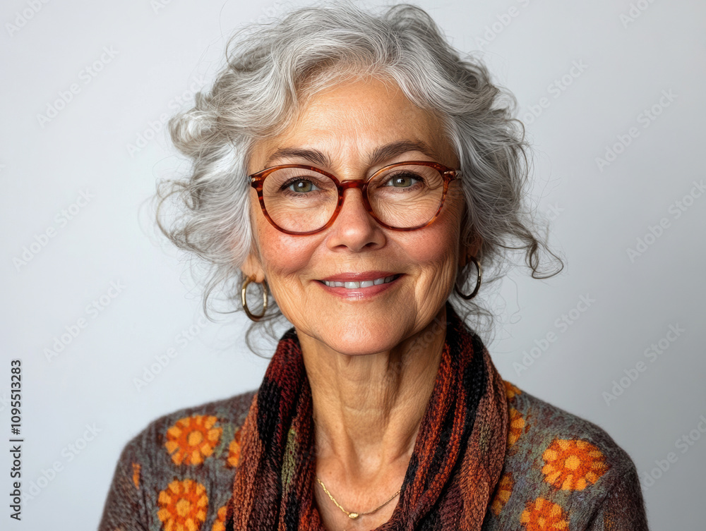 Older woman with curly silver hair and glasses, warm smile, friendly expression, stylish eyewear, elegant appearance, detailed wrinkles, natural aging, cozy outfit Older woman with curly silver hair and glasses, warm smile, friendly expression, stylish eyewear, elegant appearance, detailed wrinkles, natural aging, cozy outfit