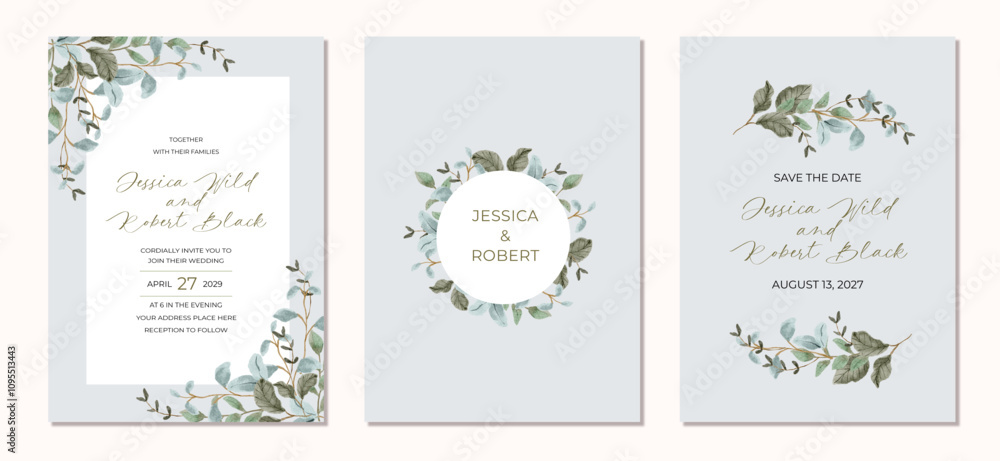 wedding invitation set green leaves watercolor frame wedding invitation set green leaves watercolor frame