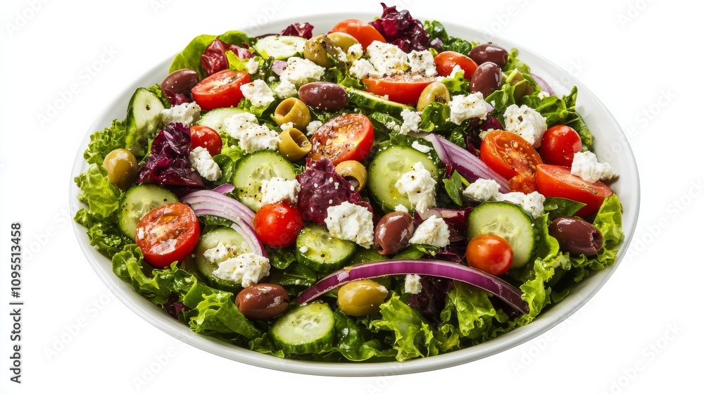 A colorful Greek salad with mixed greens, cherry tomatoes, cucumber A colorful Greek salad with mixed greens, cherry tomatoes, cucumber