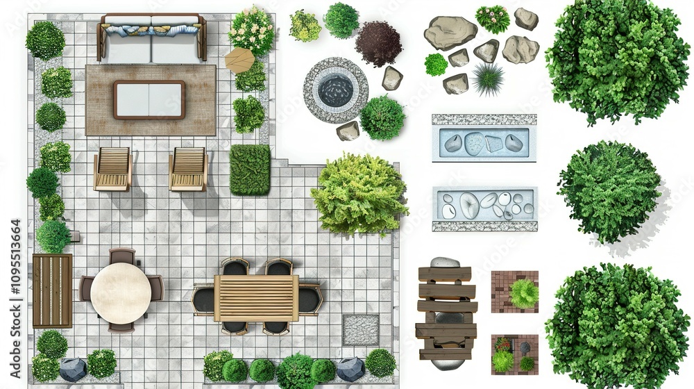 Detailed Aerial View of a Modern Patio Garden Design