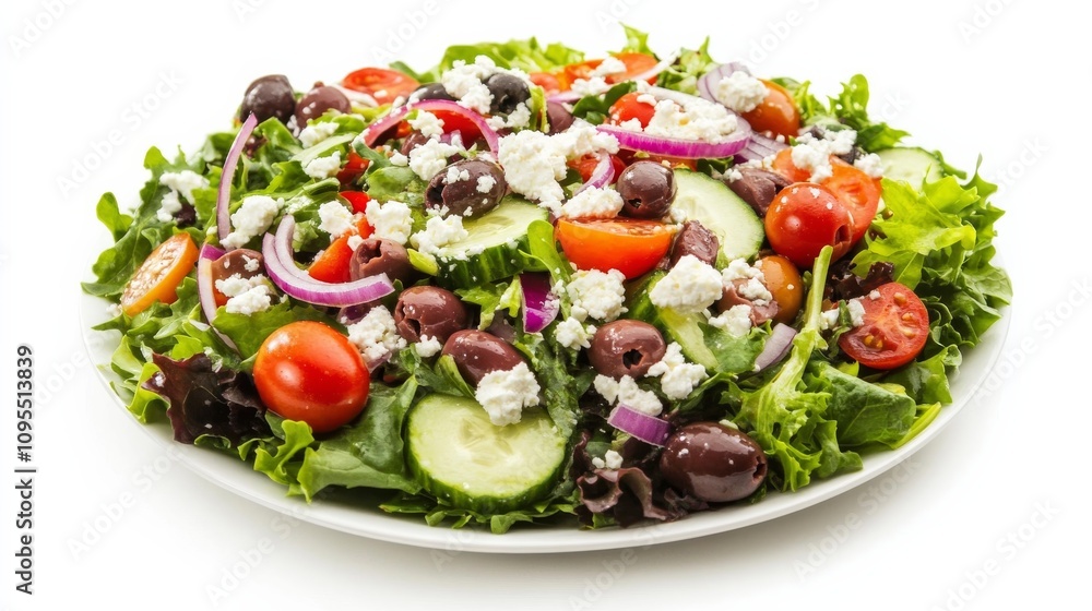 A colorful Greek salad with mixed greens, cherry tomatoes, cucumber A colorful Greek salad with mixed greens, cherry tomatoes, cucumber