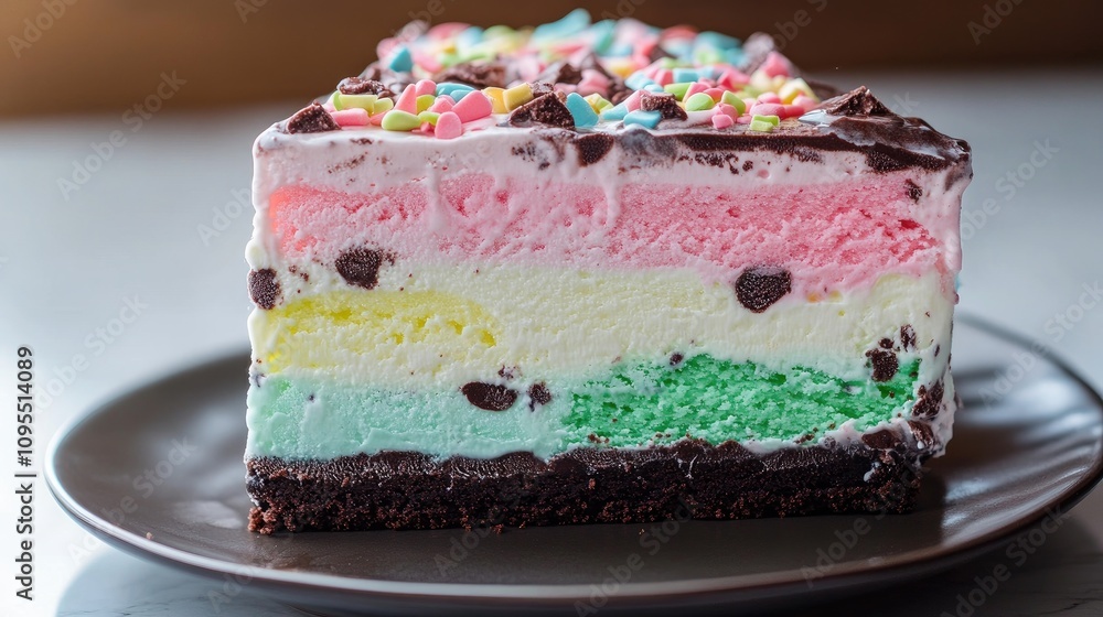Delicious ice cream cake slice home kitchen food photography bright lighting close-up dessert delight Delicious ice cream cake slice home kitchen food photography bright lighting close-up dessert delight