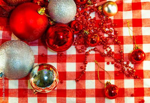 christmas background with christmas decorations, xmas balls and new year toys winter holiday