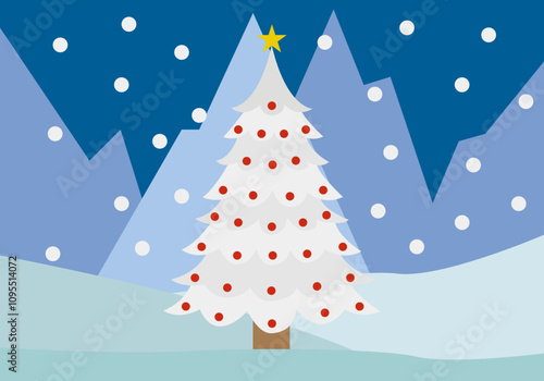 Paisaje de navidad nevado con árbol de navidad y estrella