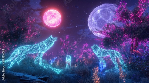 Wallpaper Mural Ethereal wolves illuminated in a vibrant, magical forest under two moons. Torontodigital.ca