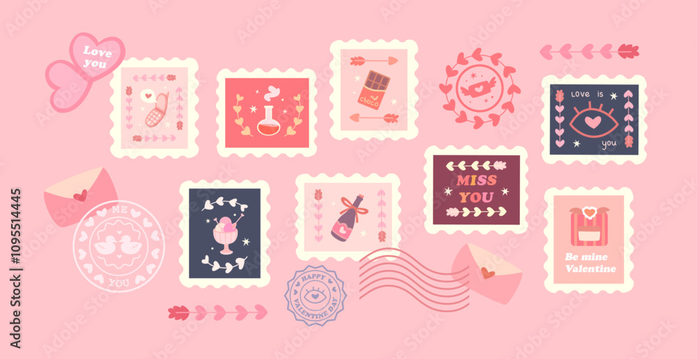 A set of elements for Valentine's Day. Retro postage stamps, stamps. For stickers, pins, patches, scrapbooks A set of elements for Valentine's Day. Retro postage stamps, stamps. For stickers, pins, patches, scrapbooks