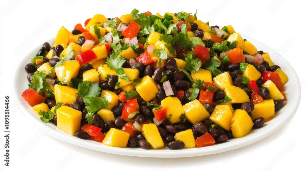 A colorful mango and black bean salad with diced mango, black beans, red bell peppers A colorful mango and black bean salad with diced mango, black beans, red bell peppers