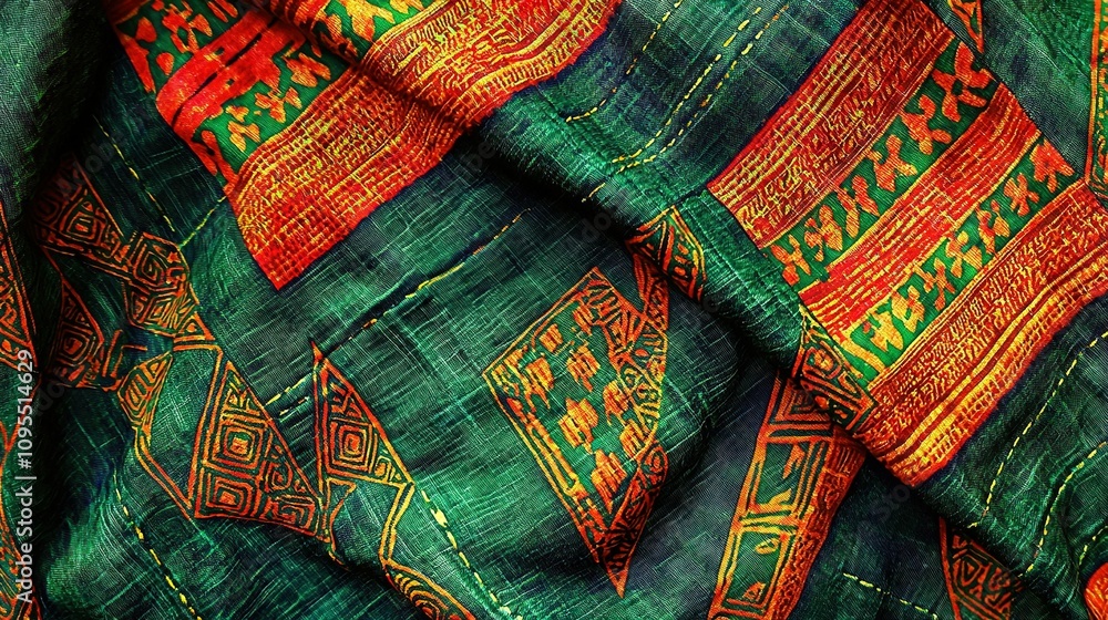 Green, orange, and red fabric with a design on the bottom Green, orange, and red fabric with a design on the bottom