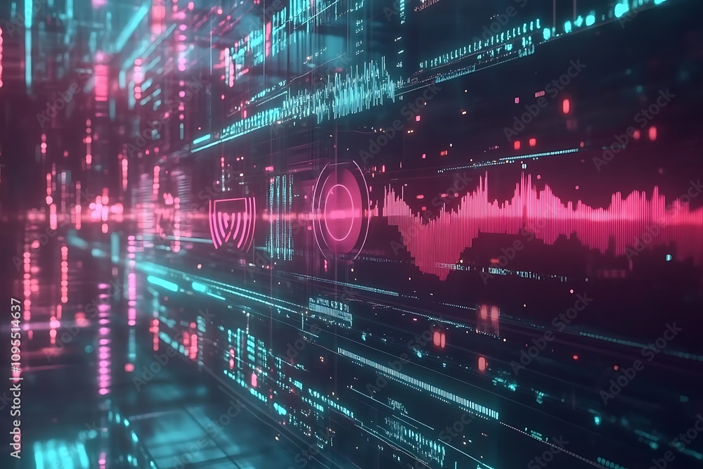 Obraz premium A futuristic digital landscape with neon data streams and sound wave visualizations.
