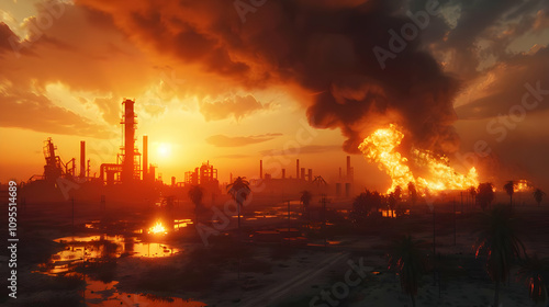 Apocalyptic Sunset Industrial Fire Illustration