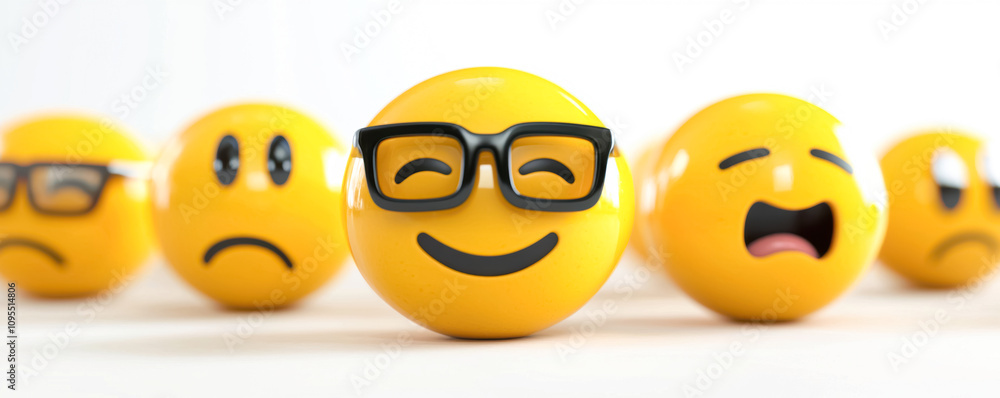 Fototapeta premium Group of Funny Emoji Balls with Glasses. A cheerful group of emoji balls showcasing a range of emotions, with a central happy emoji wearing glasses and grinning widely. 