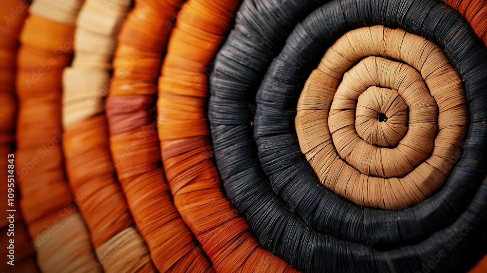 Fototapeta premium A clear picture of an intricate spiral pattern made from orange, black, yellow, and brown threads on a woven fabric