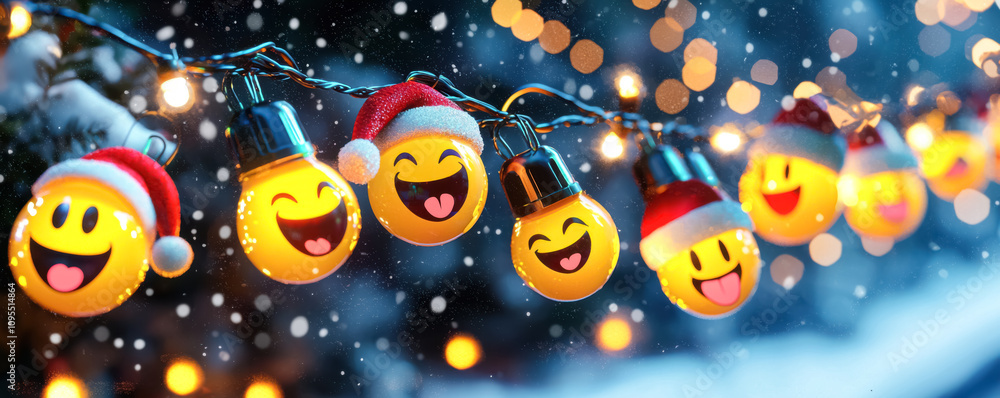Fototapeta premium Smiling Christmas Lights on a Snowy Night. A playful image of glowing emoji decorations with Santa hats, spreading festive joy with bright lights and a snowy winter ambiance. 