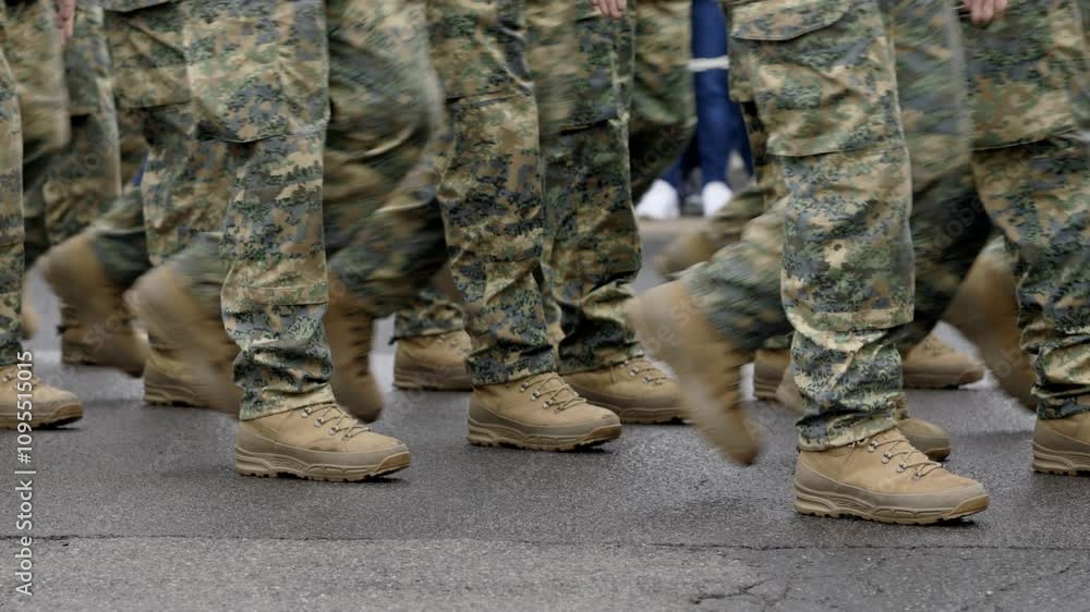 Legs of soldiers marching on military parade by spectators crowd. Professional military personnel in uniform shows loyalty to duty at festive march to mark Austrian Independence Day Legs of soldiers marching on military parade by spectators crowd. Professional military personnel in uniform shows loyalty to duty at festive march to mark Austrian Independence Day