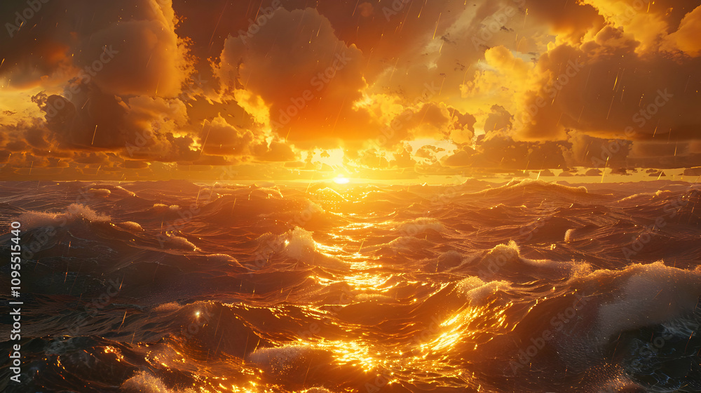 Golden Sunset Ocean Waves 3D Illustration Golden Sunset Ocean Waves 3D Illustration