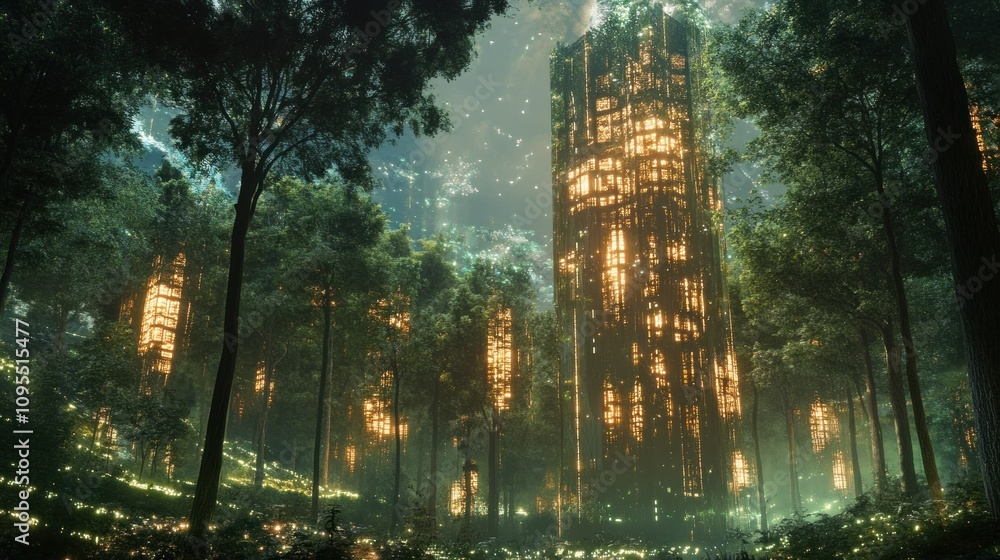 A futuristic forest with towering structures illuminated amidst lush greenery. A futuristic forest with towering structures illuminated amidst lush greenery.