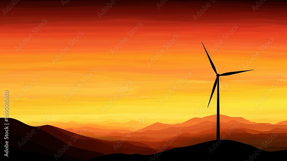 Obraz premium A stunning sunset painting with a wind turbine in the foreground and majestic mountains in the background