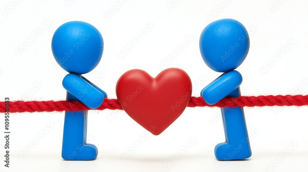 Two blue figurines pulling a red heart on a rope, symbolizing love and connection in a playful manner. Two blue figurines pulling a red heart on a rope, symbolizing love and connection in a playful manner.