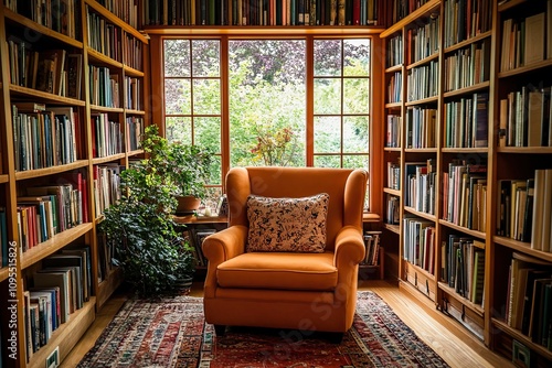 Cozy reading nook with armchair and bookshelves.