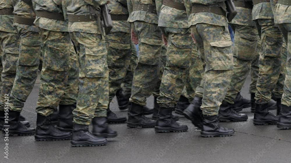 Soldiers in uniforms march in ranks against tourists crowd. Servicemen with machine guns demonstrate coordinated movement during festive march in honor of Austrian Independence Day Soldiers in uniforms march in ranks against tourists crowd. Servicemen with machine guns demonstrate coordinated movement during festive march in honor of Austrian Independence Day