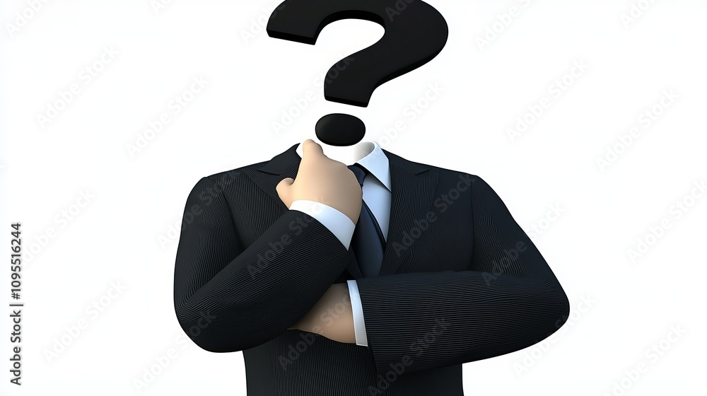 Businessman in a suit contemplating, with a question mark symbolizing uncertainty or anonymity. Businessman in a suit contemplating, with a question mark symbolizing uncertainty or anonymity.