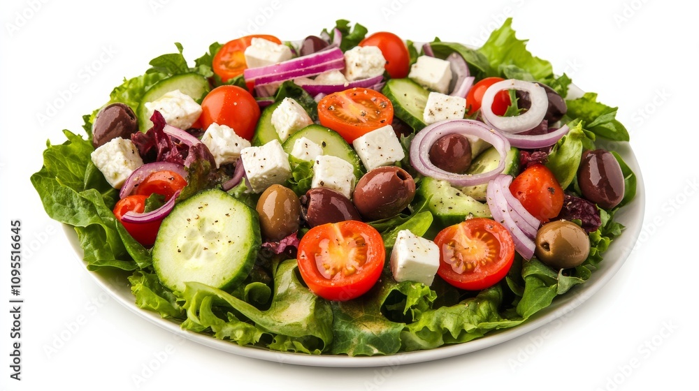 A colorful Mediterranean salad with mixed greens, cherry tomatoes, cucumber A colorful Mediterranean salad with mixed greens, cherry tomatoes, cucumber