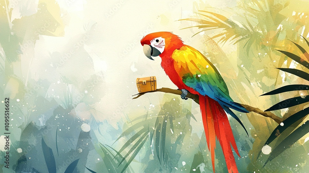 A bright parrot perched on a tree limb with a slice of bread in its beak and a container in its clutch A bright parrot perched on a tree limb with a slice of bread in its beak and a container in its clutch