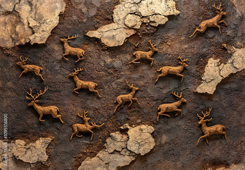 Ancient Cave Painting of Deer Depicting a Scene with People Running in a Historical Art Style on Natural Wall Surface