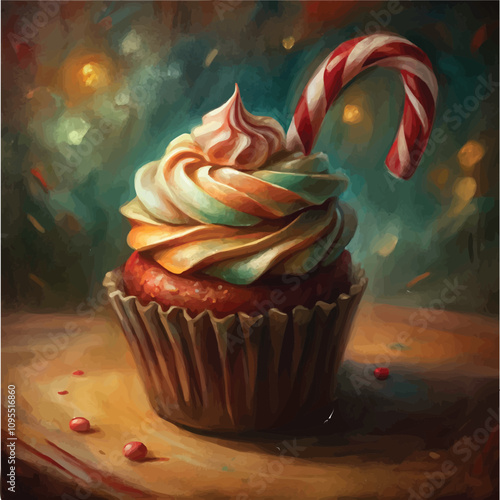 Christmas-themed cupcake with candy cane swirl and seasonal garnish