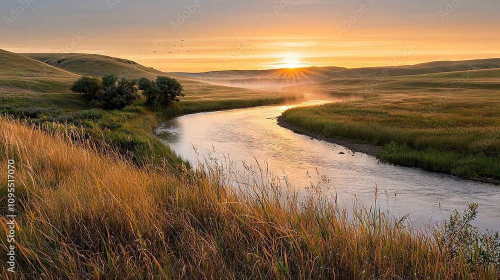 A river flows through a verdant meadow beside a green hill, with the sun setting beyond it A river flows through a verdant meadow beside a green hill, with the sun setting beyond it