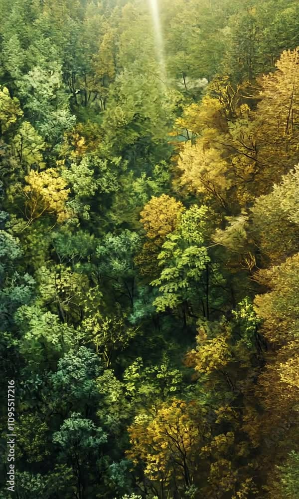 Lush Forest Landscape at Dawn with Sunlight Illuminating the Trees, Showcasing Vibrant Green and Golden Foliage During Early Morning Hours in Autumn Lush Forest Landscape at Dawn with Sunlight Illuminating the Trees, Showcasing Vibrant Green and Golden Foliage During Early Morning Hours in Autumn