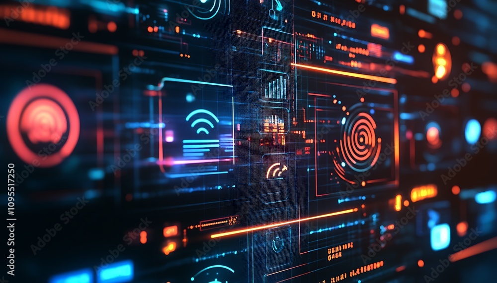 A futuristic digital interface with data visualizations and security elements. A futuristic digital interface with data visualizations and security elements.