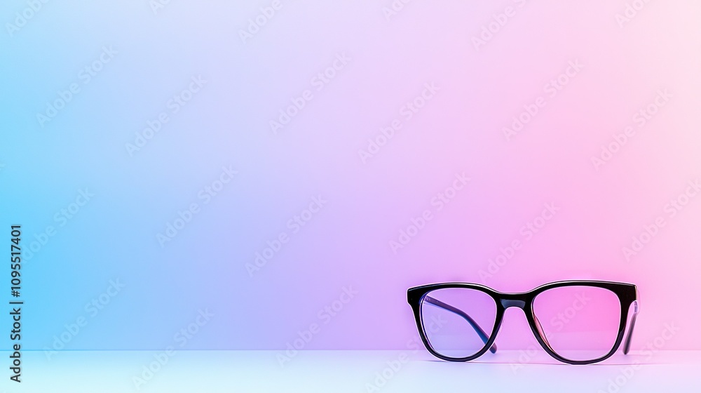 Black glasses on blue-pink background, in front of pink-blue wall Black glasses on blue-pink background, in front of pink-blue wall
