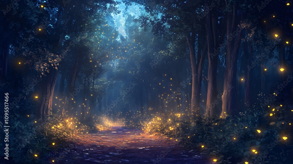 Obraz premium A fairytale forest at night illuminated by fireflies