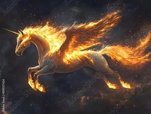 A flying Pegasus its mane and tail made of flames flies photo