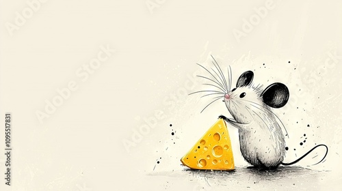   A sketch of a mouse holding cheese on its back and in its mouth photo