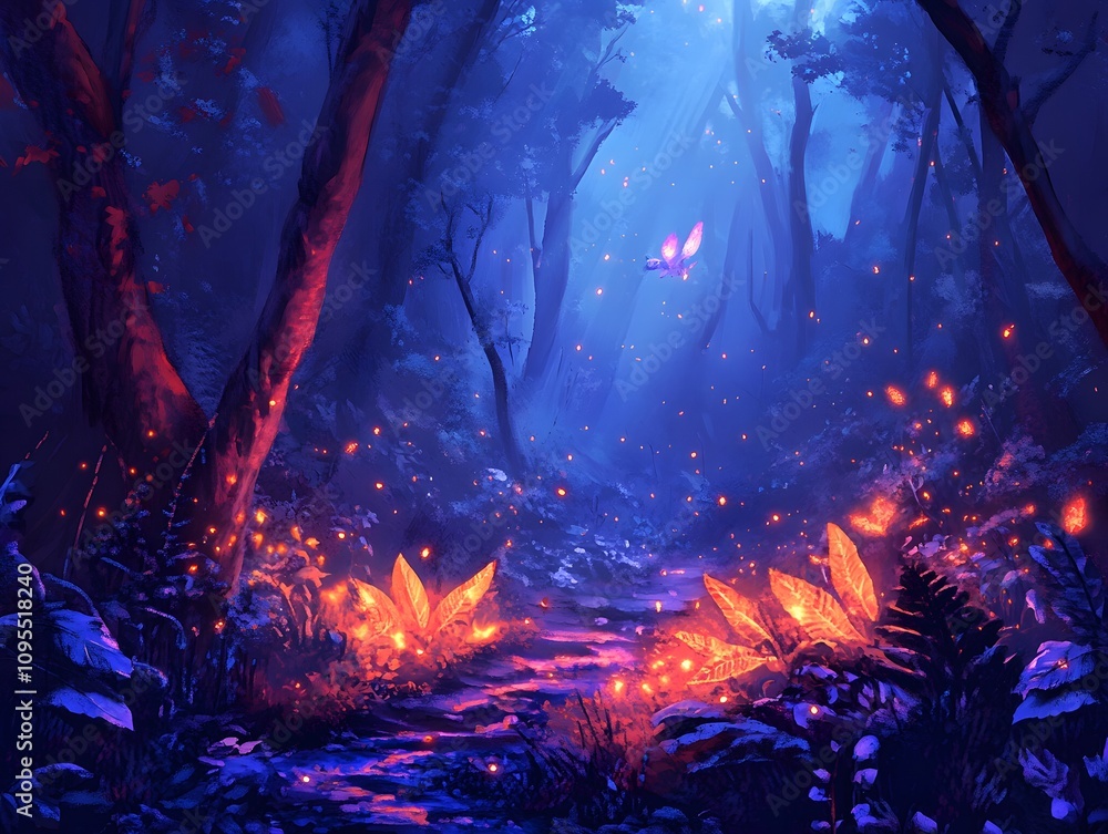 Fototapeta premium magical forest at dusk with glowing plants and mystic lights