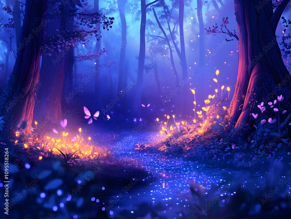 magical forest at dusk with glowing plants and mystic lights magical forest at dusk with glowing plants and mystic lights