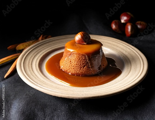 flan , budín de pan estilo Argentino con salsa y crema  photo